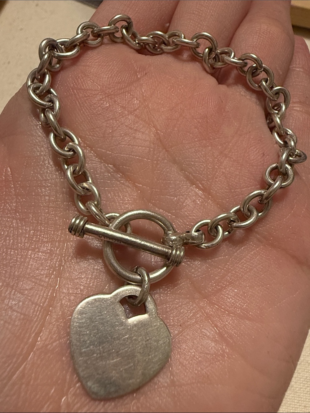 Sterling Silver 925 Heart Toggle Charm Bracelet 7.5’ inches